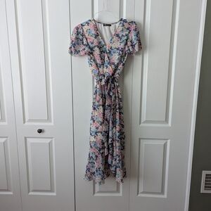 Pink and Blue Flutter Sleeve Wrap Midi Dress